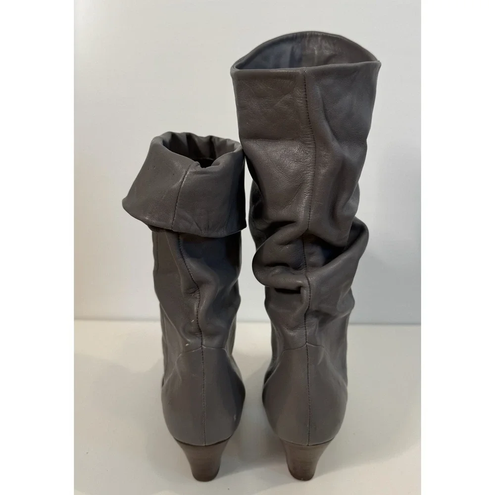 Vintage Gray Leather Slouch Fold Over Mid Calf Boots Pointed Toe Women's 7.5
